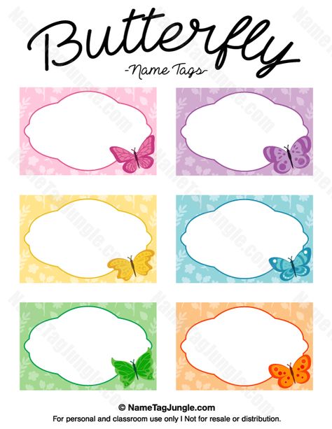 Free printable butterfly name tags. The template can also be used for creating items like labels and place cards. Download the PDF at http://nametagjungle.com/name-tag/butterfly/ Butterfly Name Tags, Butterfly Name Tag, Butterflies Classroom, Cubby Tags, Name Tag For School, Printable Butterfly, Name Tag Templates, Tag Templates, Free Printable Tags