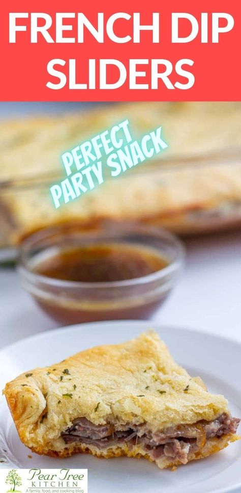 French Dip Sliders are the best baked game day treat! Skip the Hawaiian rolls and try these crescent roll sheets for a flaky crust around juicy roast beef and melty provolone. #gameday #tailgating Roast Beef Crescent Rolls Au Jus, Cresent Roll French Dip Ring, French Dip Crescent Braid, Crescent Roll Roast Beef Sandwiches, Crescent Roll Sliders, Crescent Roll French Dip, Roast Beef Croissant Sandwiches, French Dip Squares With Crescent Rolls, French Dip Roll Ups