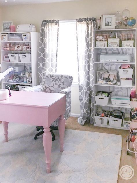 Dream House Office, Bedroom Turned Closet, Craft Room Makeover, She Shed Interior, Rose Gold Rooms, Craft Room Closet, Shed Interior, Sewing Room Design, Makeover Before And After