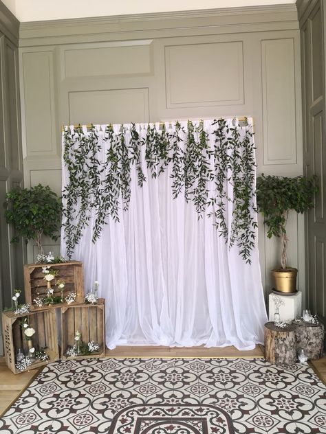 Simple Black And White Wedding Backdrop, White Curtain Backdrop With Greenery, Hanging Eucalyptus Backdrop, Backdrop For Pictures Diy, White Backdrop With Greenery, Eucalyptus Backdrop Wall, Trendy Wedding Decor 2023, Wedding Back Drops Diy, Back Drop For Weddings