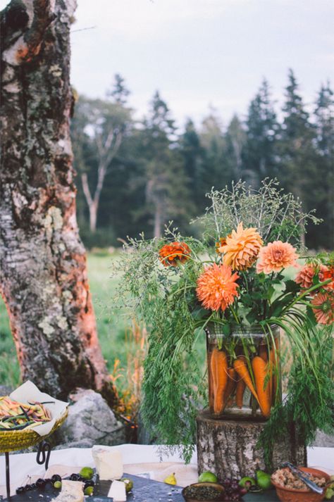 Watercolour Carrots, Carrots Photography, Dahlia Centerpiece, Colorful Coastal, Fruit Wedding, Coastal Maine, Clear Vase, Rustic Centerpieces, Maine Wedding