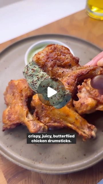 Arash Hashemi on Instagram: "BUTTERFLIED CHICKEN DRUMSTICKS & CILANTRO SAUCE . Follow @Shredhappens for more healthy LOWCARB recipes. . This was a pretty cool technique! The butterfly method helps the chicken cook faster, more evenly, its more flavorful because of the bone, and, lets face it, its a more budget friendly chicken option. . I used an air fryer for these drummies, but you can also use an oven. . Here is how I made it: . 1.Start with 6 chicken drumsticks. To butterfly them, take a chicken drumstick, cut it down the length of the bone with a sharp knife, and use the knife to open it up like a good book. . 2.Add the chicken to a bowl, drizzle with one or two tbsp olive oil, 2-3 pinches of salt, fresh ground pepper (white pepper is best, but optional), 1 tbsp garlic powder, 1 tbsp Drumstick Chicken Recipes Healthy, Butterfly Drumstick Chicken Recipes, Chicken Legs Butterfly, Butterfly Drumsticks Air Fryer, Butterfly Chicken Drumsticks, Chicken Drumstick Butterfly, How To Butterfly Chicken Drumsticks, Butterfly Chicken Drumsticks Oven, Butterflied Drumsticks