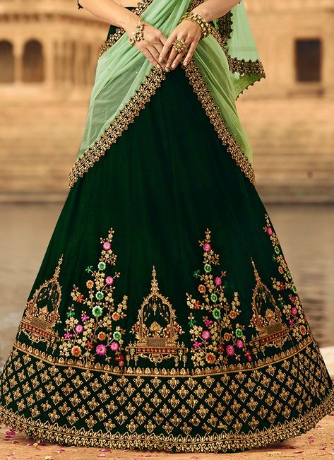 Dark Green and Light Green Embroidered Velvet Lehenga Designer Bridal Lehenga Choli, Wedding Lehenga Designs, Lehnga Dress, Bollywood Lehenga, Designer Bridal Lehenga, Green Lehenga, Lehenga Choli Online, Designer Lehenga, Bridal Lehenga Choli