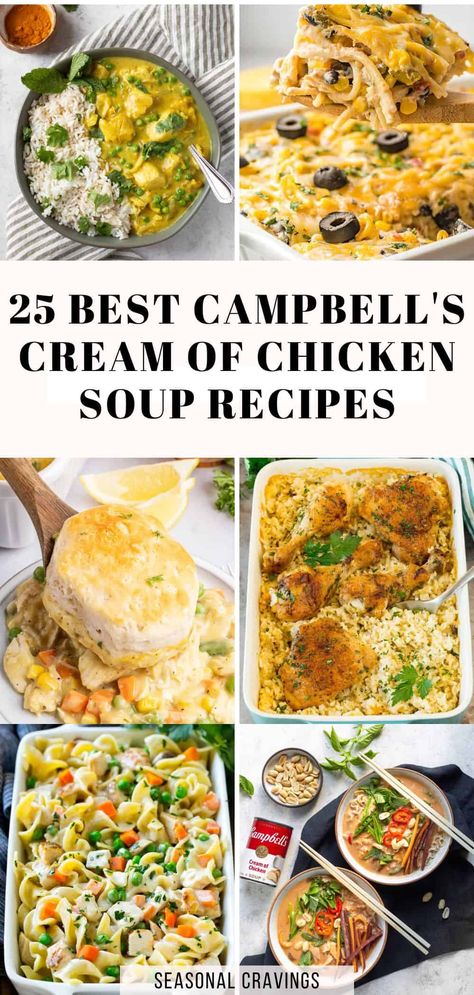 These Campbell's cream of chicken soup recipes are game-changers! They'll show you exactly how easy it is to make the most delicious recipes using this simple ingredient! Chicken Soup Casserole Recipes, Campbell’s Cream Of Chicken Recipes, Uses For Cream Of Chicken Soup, Campbells Crockpot Recipes, Campbells Dinner Recipes, Recipes To Use Cream Of Chicken Soup, Easy Recipes Using Cream Of Chicken Soup, Campbell Soup Casserole Recipes, Casserole With Cream Of Chicken Soup