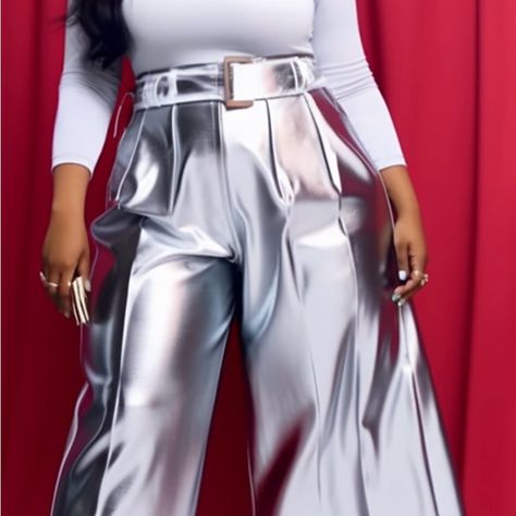 Xpluswear Design Plus Size Daily Pants Casual Silver Wide Leg Metallic Glitter Fabric Pants Sequin Pants Outfit Plus Size, Silver Wide Leg Pants Outfit, Sequins Pants Outfit, Metallic Jumpsuit, Metallic Fashion, Matching Pants Set, Wide Leg Pants Outfit, Fabric Pants, Gingham Jacket