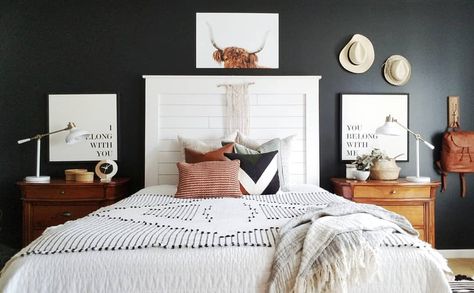 When you have a large empty wall, it can be overwhelming to know where to start decorating it. I personally love using large scale wall… Highland Cow Bedroom, Cow Bedroom, Black Accent Walls, Bedroom Colour Palette, Guest Room Decor, Accent Wall Bedroom, Bedroom Color, Bedroom Retreat, Country Bedroom