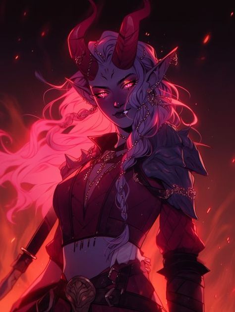 Female Anti Hero, Tiefling Pink, Red Tiefling Woman, Pink Dnd Character, Purple Tiefling Female, Pink Tiefling Female, Red Tiefling Female, Red Tiefling, Pink Tiefling