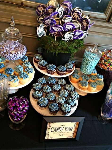 Lovely desserts at a Tim Burton bridal shower party! See more party planning ideas at CatchMyParty.com! Corpse Bride Party Decorations, Coraline Wedding, Coraline Party, Tim Burton Party, Beetlejuice Party, Halloween Bridal Showers, Classy Bachelorette Party, Blue Wedding Decorations, Purple Bridal Shower