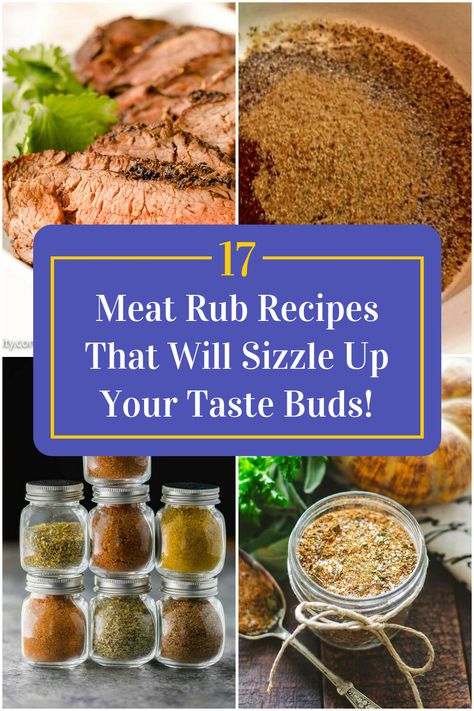 Collage of 4 meat rub recipes. Homemade Rubs For Meat, Pastrami Rub Recipe, Buffalo Dry Rub, Sweet Bbq Rub Recipe, Meat Tenderizer Recipe, Barbecue Rub Recipes, Homemade Meat Rub, Asian Ribs, Mason Jar Mixes