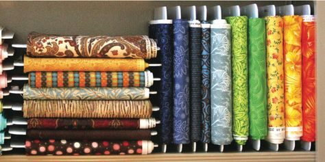 Fabric Organizers - Fabric, Organizing, Fabric, Quilt Shop Fabric Cd Organizer 1990’s, Fabric Bolt Shelf, Fabric And Pattern Storage, Bolt Fabric Storage, Fabric Organizer Boards, Vertical Fabric Storage, Ikea Craft Table, Fabric Stash Storage, Stash Organization