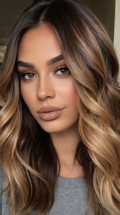 Elegant Dark Brown Hair with Blonde Ideas for Toffee Tips 🌈 Elegant Hair Highlights, Dark Brown Eyes Blonde Hair, Brown Vs Blonde Hair, Olive Skin Blonde Hair Brown Eyes, Blonde Highlights Underneath, Olive Skin Blonde Hair, Brunette With Blonde, Dark Brown Hair With Blonde, Blonde Balayage Honey