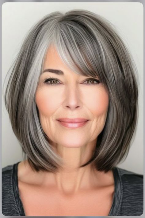 Salt And Pepper Bob With Bangs, Salt Pepper Hair Going Gray, Med Length Grey Hairstyles, Low Maintenance Gray Blending, Salt And Pepper Hair Bob, Salt And Pepper Hair With Bangs, Low Lights For Gray Hair Short, Salt And Pepper Hair Color Ideas, Gray Bob With Bangs