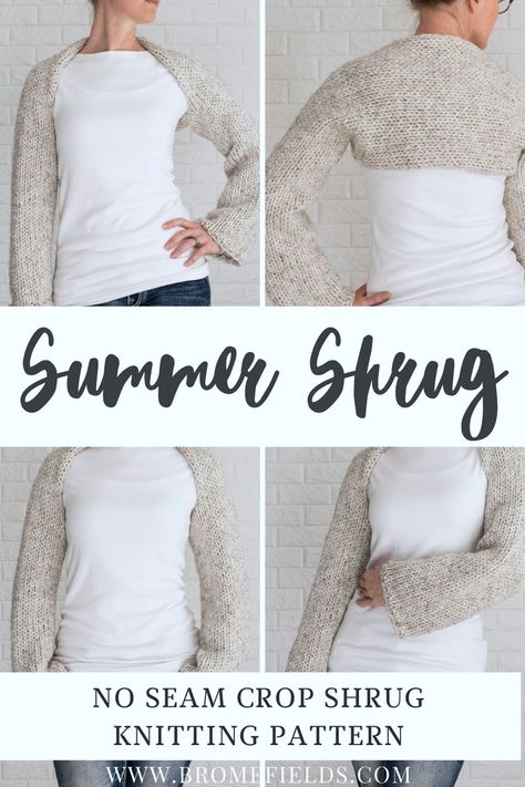 model wearing an easy Shrug Sweater Crop Top knitted in the stockinette stitch without seams Knit Shrug Pattern Free Easy, Top Knitting Pattern, Shrug Knitting Pattern, Summer Knitting Patterns, Long Sleeve Shrug, Knitting Patterns Free Blanket, Cropped Shrug, Shrug Pattern, Chunky Knitting Patterns