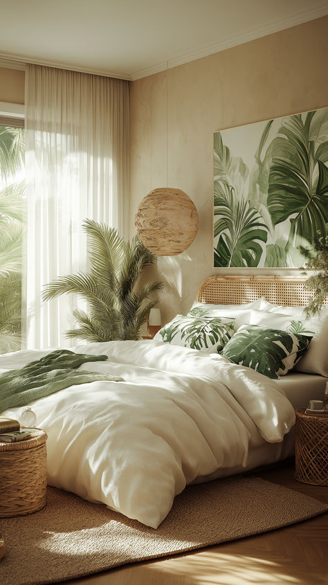 Immerse yourself in this tropical chic bedroom featuring soothing pastel tones, natural textures, and soft natural light. The balanced layout includes a crisp white bed with muted green and earthy-tone pillows, a textured feature wall adorned with tropical-inspired art, and warm wooden accents. Lush potted palms enhance the tropical atmosphere, while the woven rug and rattan elements add warmth and comfort. #TropicalChic #BedroomDecor #NaturalTextures #HomeInspo #TropicalVibes Tropical Boho Home Decor, Tropical Themed Bedroom Ideas, Tropical Master Bedrooms Decor, White Earthy Bedroom, Planty Bedrooms Aesthetic, Retro Tropical Aesthetic, Green Tropical Bedroom, Tropical Guest Bedroom, Tropical Bedroom Ideas Caribbean