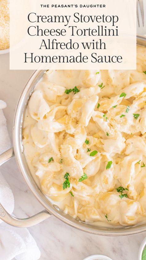 A pot full of creamy cheese tortellini pasta with a homemade Alfredo sauce. Tortellini With White Sauce, Sauce For Tortellini Easy, Tortellini Alfredo Recipes, Cheese Tortellini Alfredo, Sauce For Tortellini, Tortellini Homemade, Creamy Cheese Tortellini, Alfredo Tortellini, Homemade Tortellini