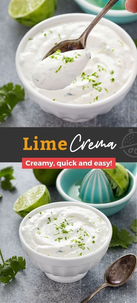 Lusciously creamy, rich and tangy, this Lime Crema recipe is easy to make, requires only 4 ingredients and no cooking is involved! Drizzled, dipped or dolloped Lime Crema to add wonderful flavor to tacos, soups, salads and all your southwest and Tex-Mex recipes! #lemonblossoms #recipe #sauce #condiment #sourcream #lime Line Crema Recipe, Tequila Lime Sauce Recipe, Like Crema Recipe, Creamy Lime Sauce, Crème Sauce For Tacos, Crema Fresca Recipes, Lime Cream Sauce For Tacos, Lime Crema Fish Tacos, Lime Sauce For Tacos