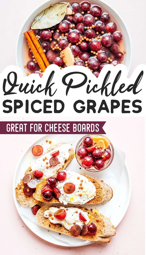 Quick Pickled Grapes are a gluten-free, vegan delicacy that everyone will love. Add them to your toasts and salads for a flavorful kick. They're a flavor packed condiment that's healthy and great for serving with salads, cheese boards, or on toast. #pickling #pickled #grapes #vegan #glutenfree Pickled Grapes, Pickled Fruit, Quick Pickled Red Onions, Quick Pickled, Grape Recipes, Cheese Boards, Vegetarian Dinners, On Toast, Pickling Recipes