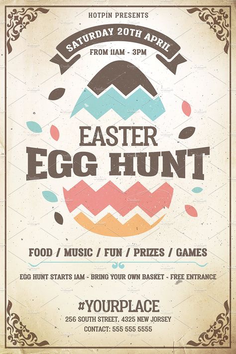 Easter Egg Hunt Flyer by Hotpin on @creativemarket  #easter #egghunt #vintage #event #poster #easterflyer #flyer #template #print #design #flyerdesign Easter Egg Hunt Poster, Easter Email Design, Easter Poster Ideas, Easter Design Poster, Easter Design Graphic, Easter Event Poster, Easter Poster Design Graphics, Easter Flyer Design, Easter Fundraiser