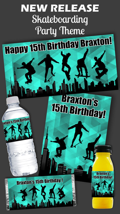 Make any event unforgettable with our Personalised Skateboard Party Banners! Featuring custom photos, a turquoise geometric background, and bold skaters, these durable, weatherproof banners are perfect for indoor or outdoor fun! Skateboard Party Decorations, Skateboard Party, Happy 15th Birthday, Custom Skateboards, Party People, Party Banners, 15th Birthday, Geometric Background, Outdoor Fun