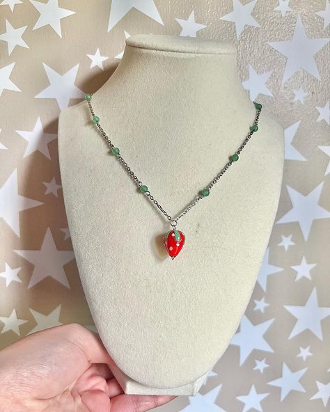 ‘Berry Cute’ Necklace 🍓 44cm + 5cm extension chain made with aventurine beads, glass strawberry bead, stainless steel chain and findings #explorepage #jewelry #necklace Cute Necklace, Steel Chain, Stainless Steel Chain, Jewelry Necklace, Berry, Beads, Stainless Steel, Chain, Glass