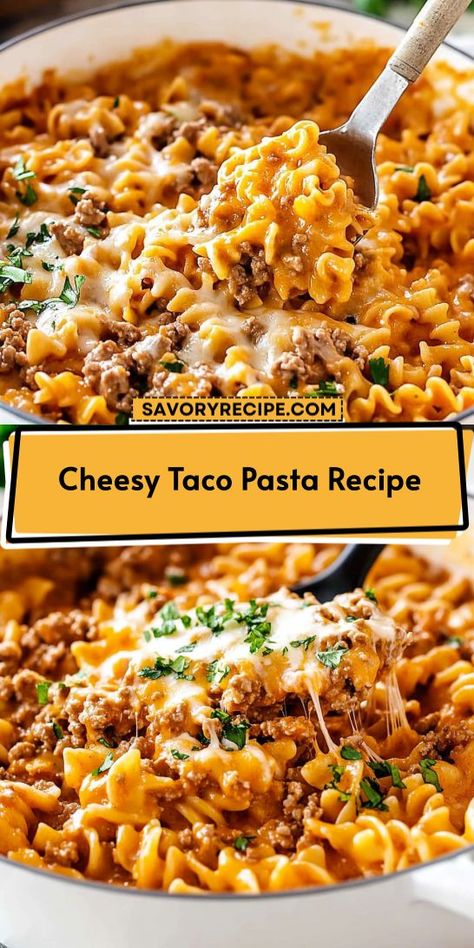 Enjoy a flavorful twist on pasta night with this Cheesy Taco Pasta Recipe! Featuring ground beef, creamy cheese, and zesty taco seasoning, this dish is a crowd-pleaser. Perfect for busy evenings, it showcases the best of Ground Beef Recipes. Quick, delicious, and cheesy – what more could you want? Beef Taco Pasta, Taco Pasta Recipe, Cheesy Taco Pasta, Taco Pasta Recipes, Savory Recipe, Beef Taco, Taco Pasta, Ground Beef Tacos, Rotini Pasta