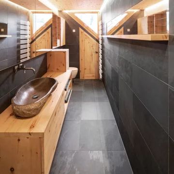 75 Black Slate Tile Bathroom Ideas You'll Love - August, 2022 | Houzz Wood And Slate Bathroom, Bathroom Black Slate Floor, Black Slate Bathroom Floor, Black Slate Tile Bathroom, Slate Bathroom Ideas, Bathroom With Slate Tile, Bathroom Slate Floor, Slate Bathroom Floor Wood Vanity, Black Slate Bathroom Floor Master Bath