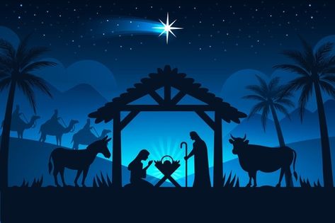 Belén de silueta en la noche | Vector Gratis Nativity Scene Silhouette, Jesus In A Manger, Nativity Of Jesus, Nativity Silhouette, How To Draw Santa, Christmas Tree Collection, Happy New Year Background, Holiday Icon, Merry Christmas Card Greetings