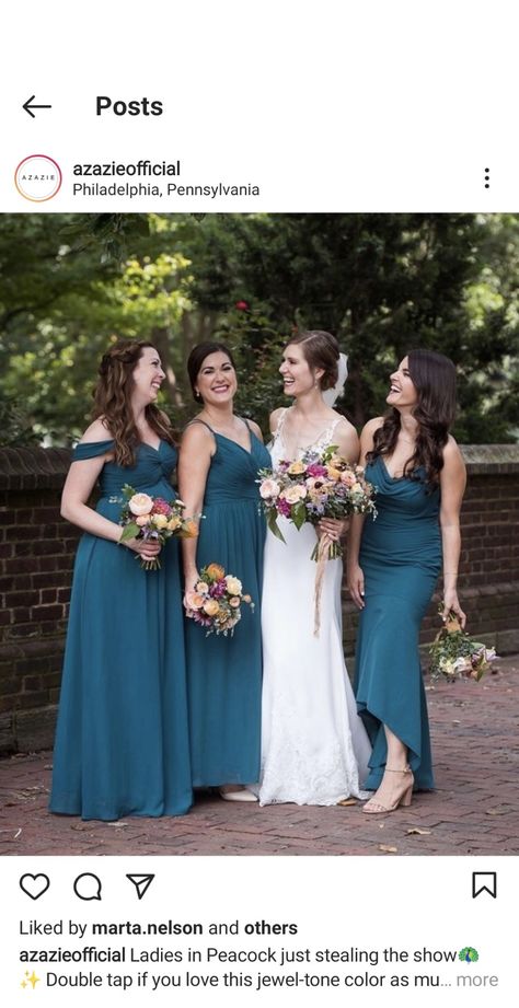 Azazie Peacock, Bridesmaid Dresses And Groomsmen, Peacock Bridesmaid Dresses, Tropical Wedding Inspiration, Jewel Tone Colors, Wedding Theme Colors, Bridesmaids And Groomsmen, Tropical Wedding, Jewel Tones