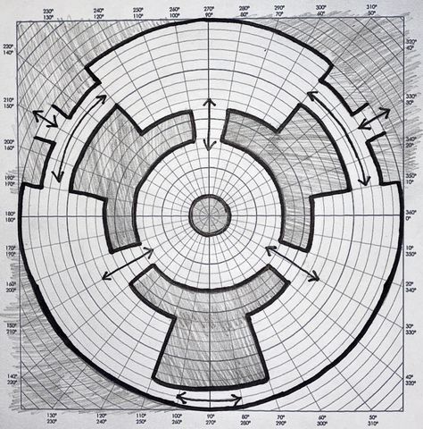 Circle Grid Design, Circular Museum Plan, Circular Grid Design, Radial Design Architecture, Radial Plan, Site Zoning, Architecture Dimensions, Diy Paper Rings, Grid Plan