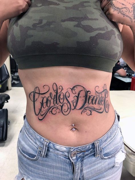 Stomach Tattoos Women Lower, Stomach Script Tattoo, Sick Stomach, Girl Stomach Tattoos, Tattoo Stomach, Tattoo Font Styles, Tattoo Writing, Stomach Tattoos Women, Script Tattoo