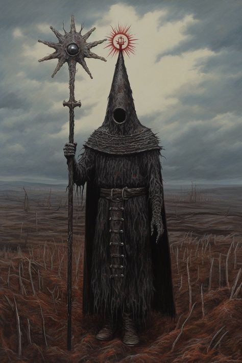 Robed Figure Art, Occult Detective Aesthetic, Medieval Futurism, Dolmenwood Art, Pagan Art Drawings, Dark World Aesthetic, Bizzare Art, Medieval Sun, Medieval Horror