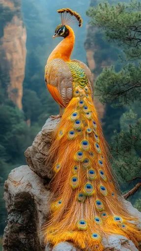 ↑↑↑ Larger size on website 🔸 A vibrant peacock with a golden body and a long, iridescent tail feathers stands perched on a rocky Real Peacock Images, Golden Peacock, Peacock Images, Peacock Tail, Upcoming Artists, Sky Garden, Tail Feathers, Peacock Feather, Green Trees