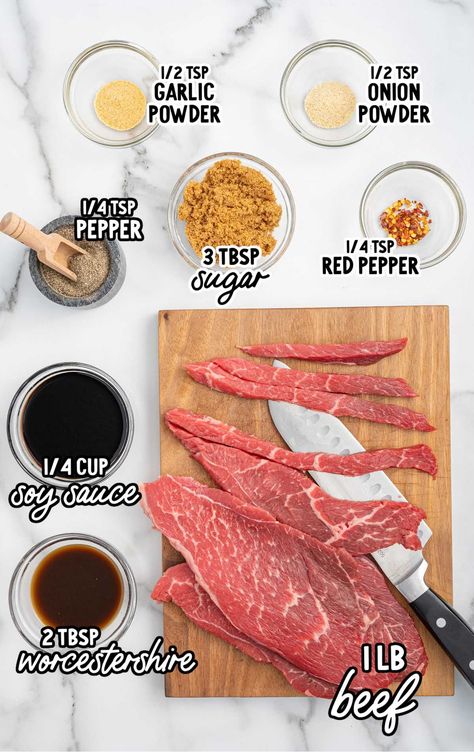 Air Fryer Beef Jerky raw ingredients that are labeled Beef Jerky Recipe Dehydrator Ninja Foodi, Deer Jerky In Air Fryer, Air Fryer Beef Jerky Recipes, Beef Jerky Seasoning Recipes, Air Fryer Jerky Recipes, Beef Jerkey Marinades Dehydrator, Beef Jerky In Air Fryer, Teriyaki Beef Jerky Recipe Dehydrator, Beef Jerky Marinade Recipe