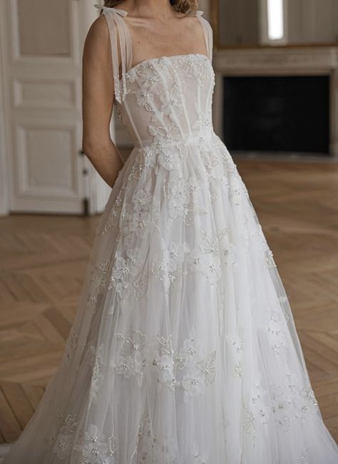 Ethereal Lace Wedding Dress, Boho Bride Dress Simple, Dainty Wedding Dress Romantic, Bride Dress Minimalist, Field Wedding Dress, Destroyed Wedding Dress, Classic Feminine Wedding Dress, Subtle Floral Wedding Dress, Whimsical A Line Wedding Dress