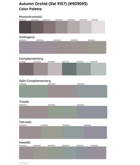 Sherwin Williams Autumn Orchid (SW 9157) Paint coordinating colors and palettes Orchid Sherwin Williams, Xanadu Color, Xanadu Aesthetic, Draw A Hexagon, Orchids Painting, Analogous Color Scheme, Rgb Color Codes, Split Complementary Colors, Rgb Color Wheel