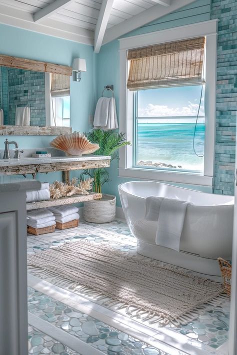 29 Coastal Interior Decorating Ideas for a Breezy Atmosphere Key West Style Homes Interior, Beach Decor Aesthetic, Coastal Home Decor Ideas, Florida House Decor, Coastal Homes Interior, Coastal Farmhouse Interior, Beach Theme House, Coastal Theme Bathroom, Beach Home Aesthetic