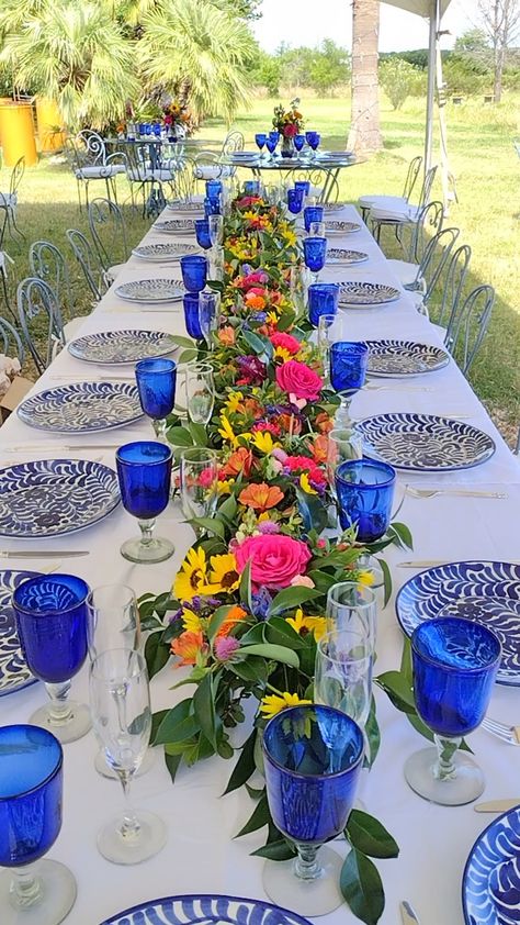 Clase Azul Party Decor, Casa Azul Tequila Theme Party, Talavera Wedding Centerpiece, Blue And White Mexican Party, Talavera Wedding Table Setting, Mexican Dinner Party Tablescape, Mexican Colorful Wedding, Blue And White Talavera Wedding, Talavera Party Ideas