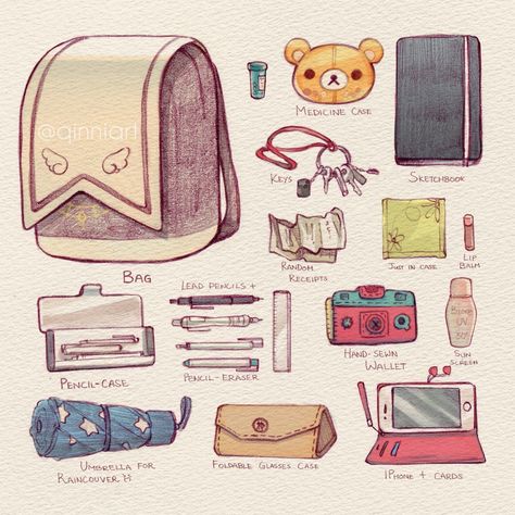 Backpack Drawing, Bag Illustration, Drawing Bag, In My Bag, What In My Bag, Sakura Card, My Bag, Kawaii Art, I Forgot