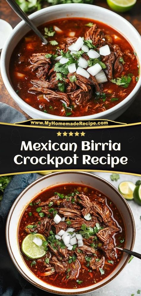 This Mexican Birria Crockpot Recipe offers tender, flavorful beef slow-cooked in a rich, spicy broth. Perfect for tacos or served as a stew, it’s a comforting, easy-to-make dish with authentic Mexican flavors. Ingredients: 2 lbs beef chuck roast 4 dried guajillo peppers 1 onion, chopped 4 cloves garlic, minced A flavorful, melt-in-your-mouth dish that’s perfect for any occasion Best Birria Recipe, Easy Birria Recipe, Easy Crockpot Roast, Mexican Birria Recipe, Mexican Birria, Easy Mexican Dishes, Beef Birria Recipe, Birria Recipe, Taco Recipes Mexican