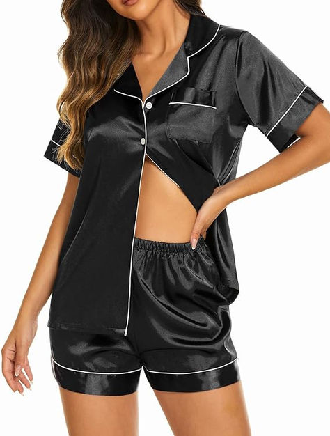 Ekouaer Silk Pajamas Womens Short Sleeve Sleepwear Soft Satin Button Down Loungewear 2 Piece Pjs Shorts Set S-XXL Pjs Shorts, Homewear Outfit, Nightwear Outfits, Summer Pajama Set, Summer Sleepwear, Silk Pajamas Women, Pyjama Satin, Comfortable Loungewear, Pyjamas Womens