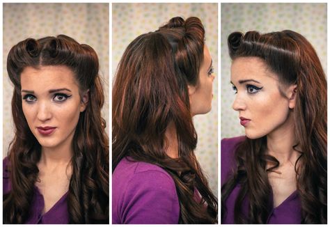 Petite Victory Rolls Tutorial Diy Victory Rolls Tutorials, Petite Victory Rolls, Sweetheart Hair, 1950's Hair, Retro Updo, Freckled Fox, Vintage Hairstyles Tutorial, Victory Rolls, 1940s Hairstyles