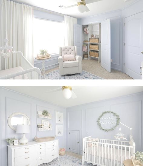 Periwinkle Nursery Gender Neutral, Pastel Blue Nursery, Periwinkle Nursery Girl, Baby Girl Blue Nursery, Girl Nursery Blue, Light Blue Girl Nursery, Periwinkle Nursery, Twin Babies Nursery, Blue Nursery Girl