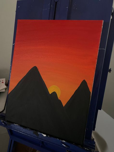 Hand-painted landscape of mountains with a sunset back drop Easy Painting On Pumpkins, Sky Painting Sunset, 4x6 Painting Ideas, Paintings Scenery Easy, Sunrise And Sunset Paintings, Paint Ideas Sunset, Sunset Simple Painting, Painting Ideas Sunset Easy, Easy Art Inspiration Painting