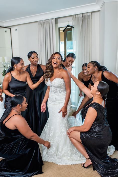 Brides wore all black, different designs and fabrics. Sequins, satin and velvet Black Bridesmaids Dresses Mismatched, Black Bridesmaid Dresses Mismatched, Bridesmaids Dresses Mismatched, Black Bridesmaid Dress Mismatched, Bridesmaids In Black, Bridesmaid Dresses Mismatched, Wedding Schemes, Black Bridesmaids Dresses, Wedding Parties Colors