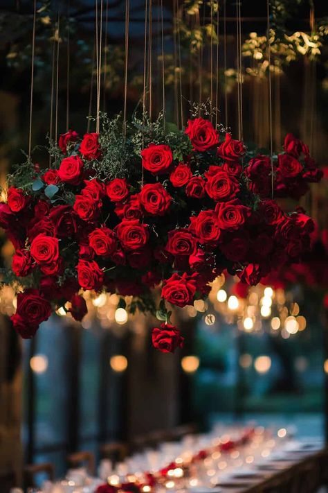 25 Stunning Ideas For A Red Rose Wedding Theme • Red Roses Wedding Ceremony, Simple Red Rose Bridal Bouquet, Red Wedding Reception Decorations, Wedding Red Roses Theme, Romantic Red Rose Wedding Theme, Marry Me Decor Ideas, Black And White Wedding With Red Roses, Valentine Wedding Theme, Dark Red Love Aesthetic