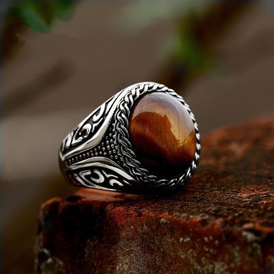 TEMU Men Rings Aesthetic, Boys Rings, Goth Guy, Stone Rings For Men, Stones Rings, Cool Rings, Rings Aesthetic, Brown Tiger Eye, Bracelet Viking