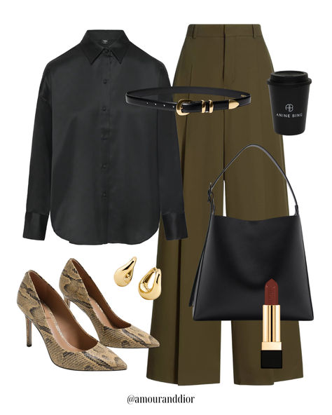 Satin long sleeve button down shirt paired with khaki olive trousers 🫒🍸Perfect desk to dinner look Date night outfit, fall outfit, workwear, olive pants, khaki trousers, wide leg pants, satin, work outfit Khaki Wide Leg Pants Outfits, Khaki Wide Leg Pants, Date Night Outfit Fall, Look Date, Pants Satin, Dior Style, Wide Leg Pants Outfits, Olive Pants, Khaki Trousers