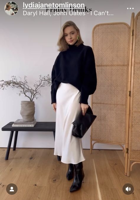 White Skirt Black Boots, White Silk Skirt Outfit, Black Satin Skirt Outfit Winter, Silk Skirt Outfit Winter, White Satin Skirt Outfit, White Skirt Winter, Satin Skirt Outfit Winter, Black Satin Skirt Outfit, Modest Winter Fashion