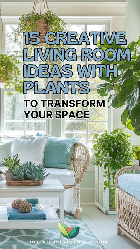 Bright and airy living room ideas with plants, highlighting hanging greenery in wicker baskets, potted plants on the floor, white sofas, and large sunlit windows. Plant Stand Ideas Indoor Living Rooms, Craft Room With Plants, Indoor Hanging Plants Ideas Living Room, Styling Indoor Plants, Plant And Book Room Aesthetic, Plant Rooms Ideas, Plant Display Indoor Living Rooms, Living Room Designs With Plants, House With Plants Aesthetic