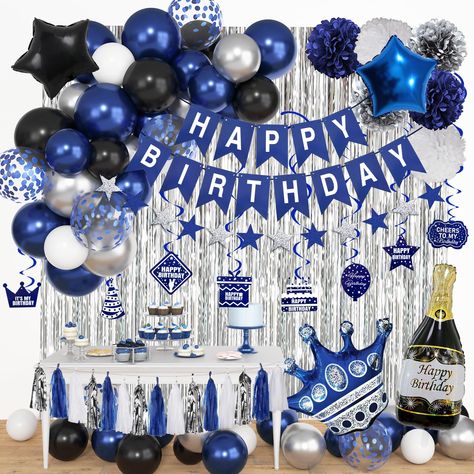 PRICES MAY VARY. Navy Blue Birthday Decorations: Our valuable birthday decorations for men include 2pcs silver foil fringe curtains, 4pcs black and blue foil balloons(40"champagne bottle/30"crown/18"starx2), 20pcs 10" navy blue balloons, 10pcs 10"metallic silver balloons, 12pcs 10"white/black latex balloons, 10pcs12"blue confetti balloon, happy birthday banner, 6pcs 6"paper flowers, 15pcs tissue tassels(5blue, 5silver, 5white), 8pcs birthday cutouts, 8pcs hanging swirls, start dots banner and ba Blue And Black Decorations Party, White And Blue Birthday Decoration, Blue And White Birthday Decorations, Birthday Ideas Blue, Blue And Silver Birthday Decorations, Adult Male Birthday Party Ideas, Guy Party Themes, Black Party Decorations, Silver Party Decorations